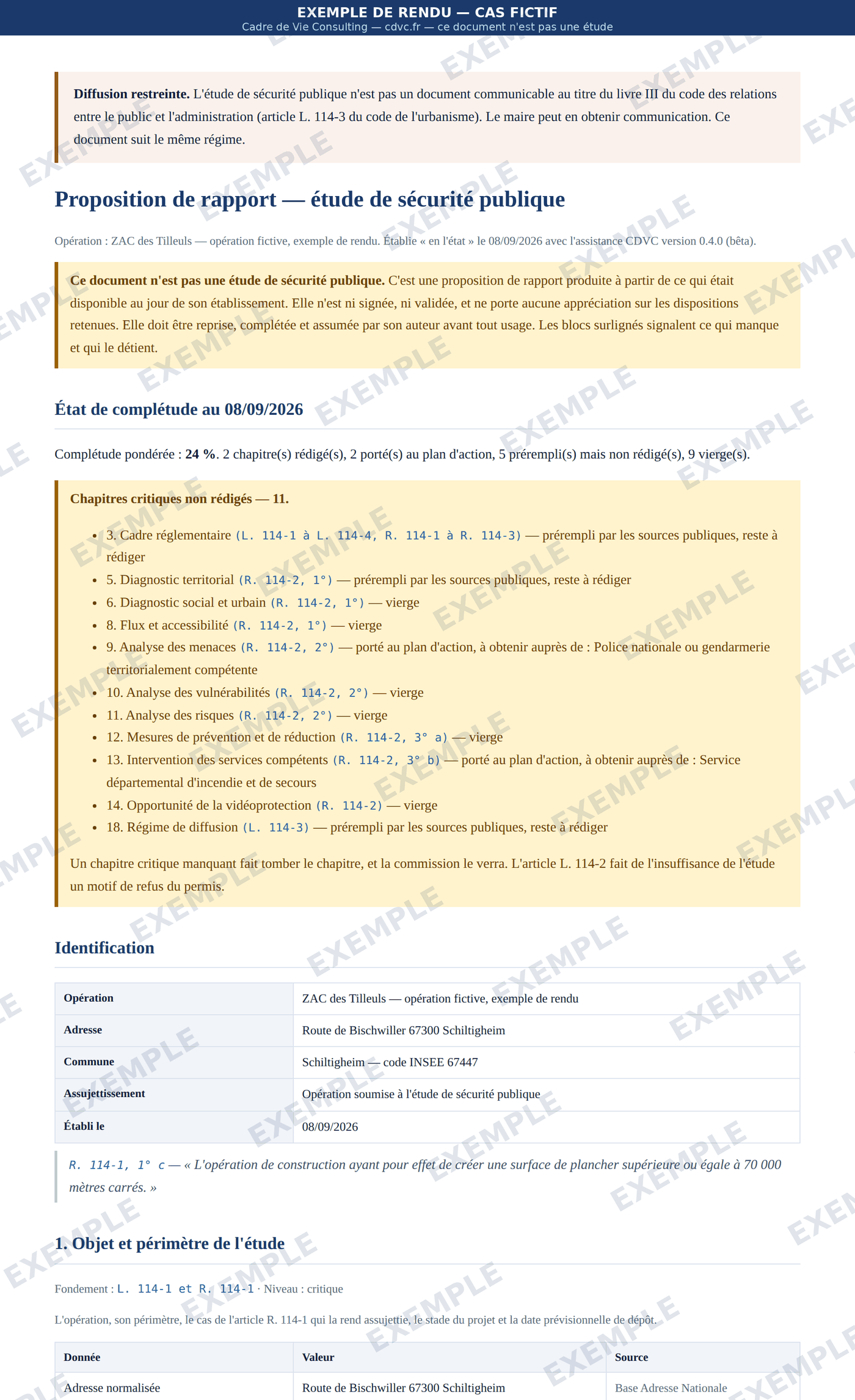 Proposition de rapport produite par le service : mention de diffusion restreinte, avertissement rappelant que le document n'est pas une étude, état de complétude, liste des chapitres critiques non rédigés, identification, puis les chapitres avec les données publiques déjà collectées.