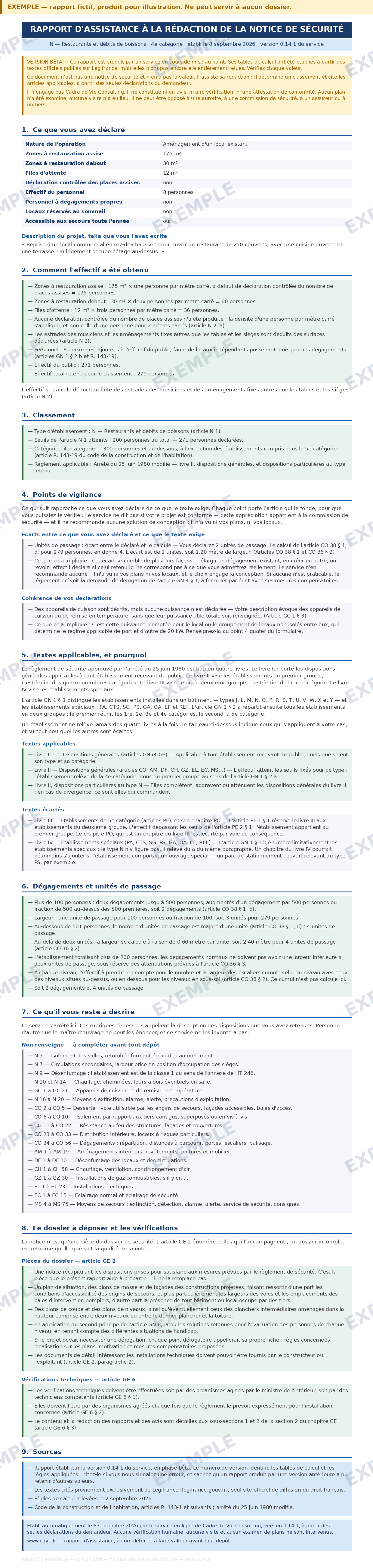 Exemple de rapport d'assistance : en-tête, déclarations reprises, calcul de l'effectif, classement, articles applicables et points de vigilance.
