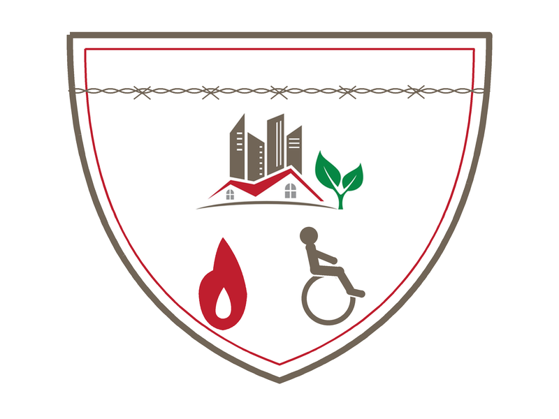 Illustration : protéger les personnes et les biens — bouclier CDVC, barbelés (sûreté), flamme (sécurité incendie) et pictogramme fauteuil roulant (accessibilité).